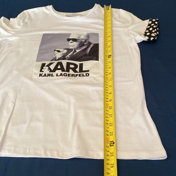 NWT white & Black Tee Top Satin Appliqué Icon Karl Lagerfeld Black Embellishment - Picture 10 of 16